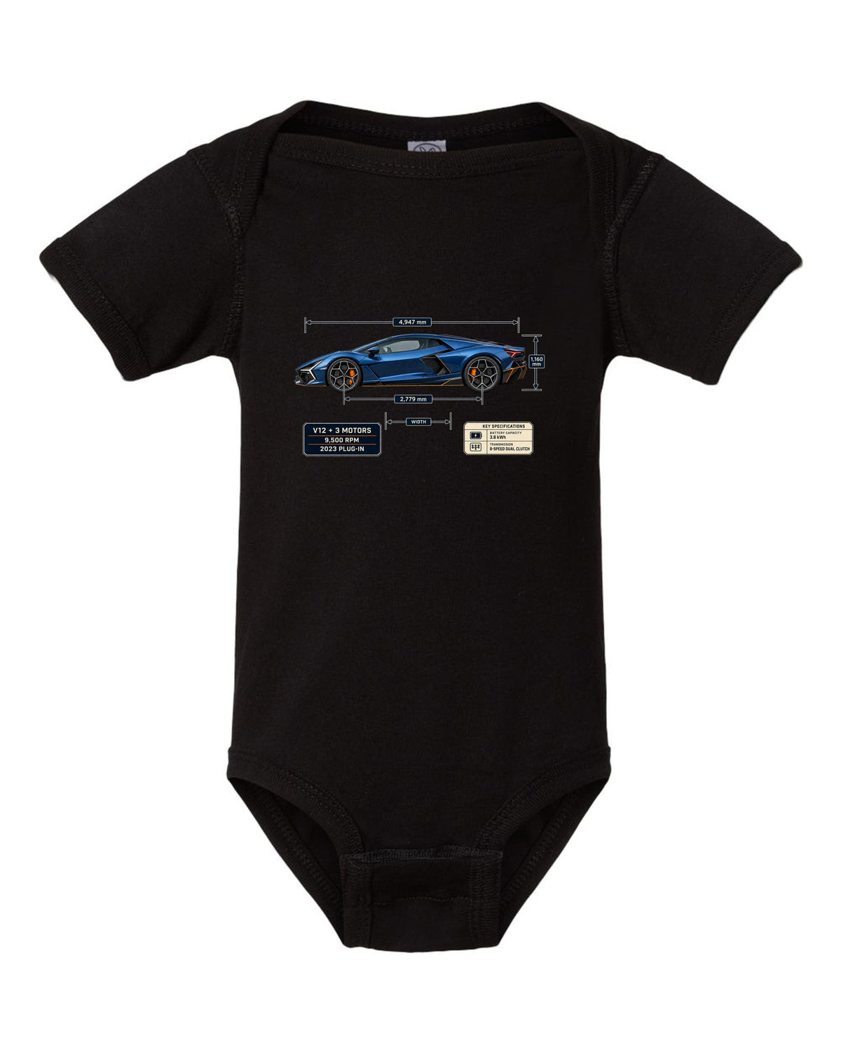 Dimension blueprint print of the Lamborghini Revuelto black baby onesie front view with the design