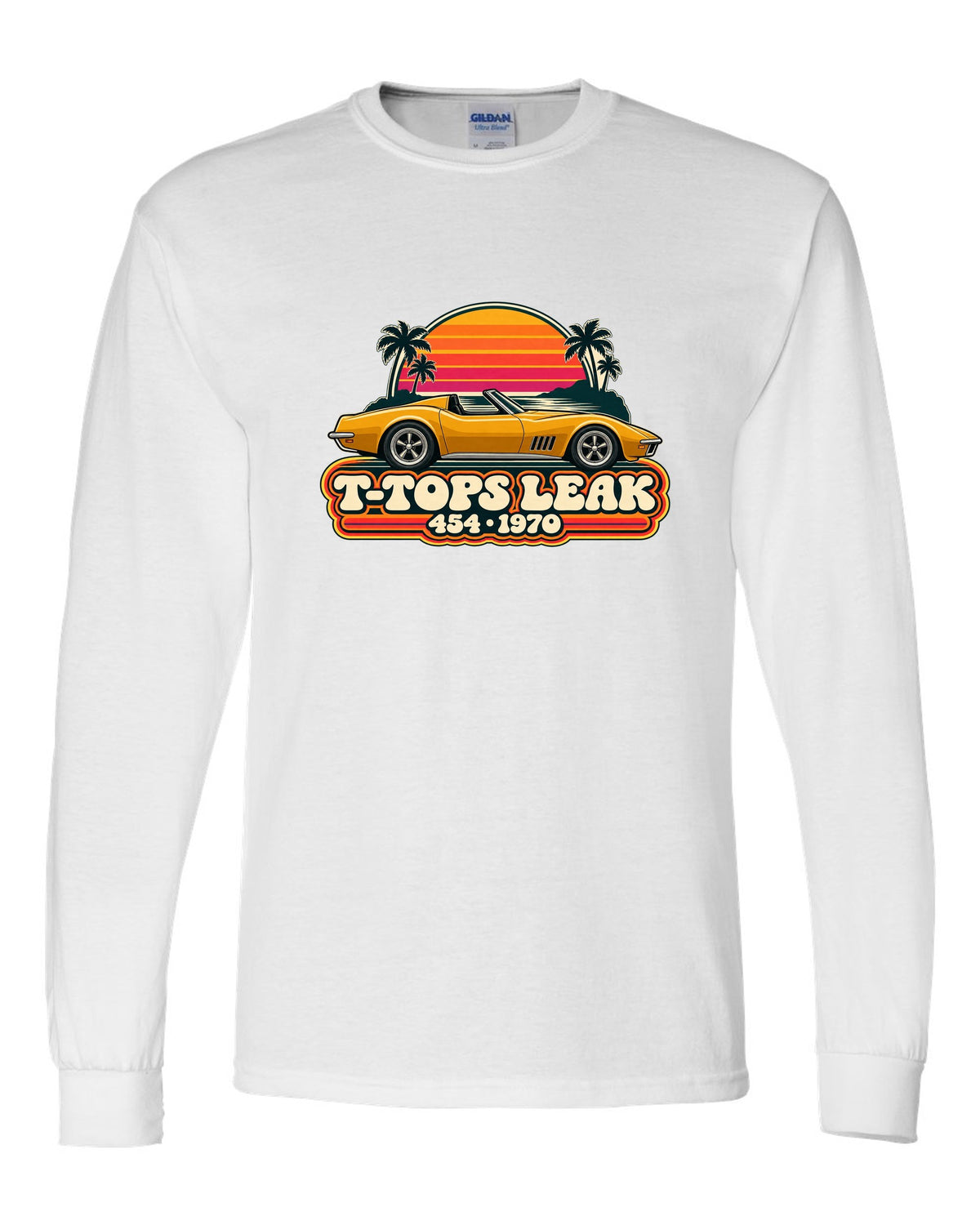 Vintage 70s sunset stripe print of a 1970 Corvette C3 Stingray reading T-Tops Leak 454 white long sleeve front view with the design