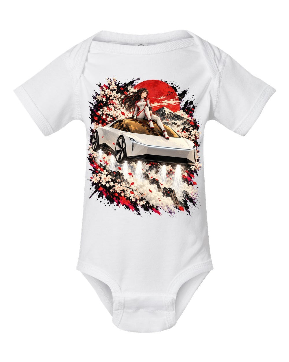 Tesla Roadster Rooftop Anime Girl Baby Onesie White front