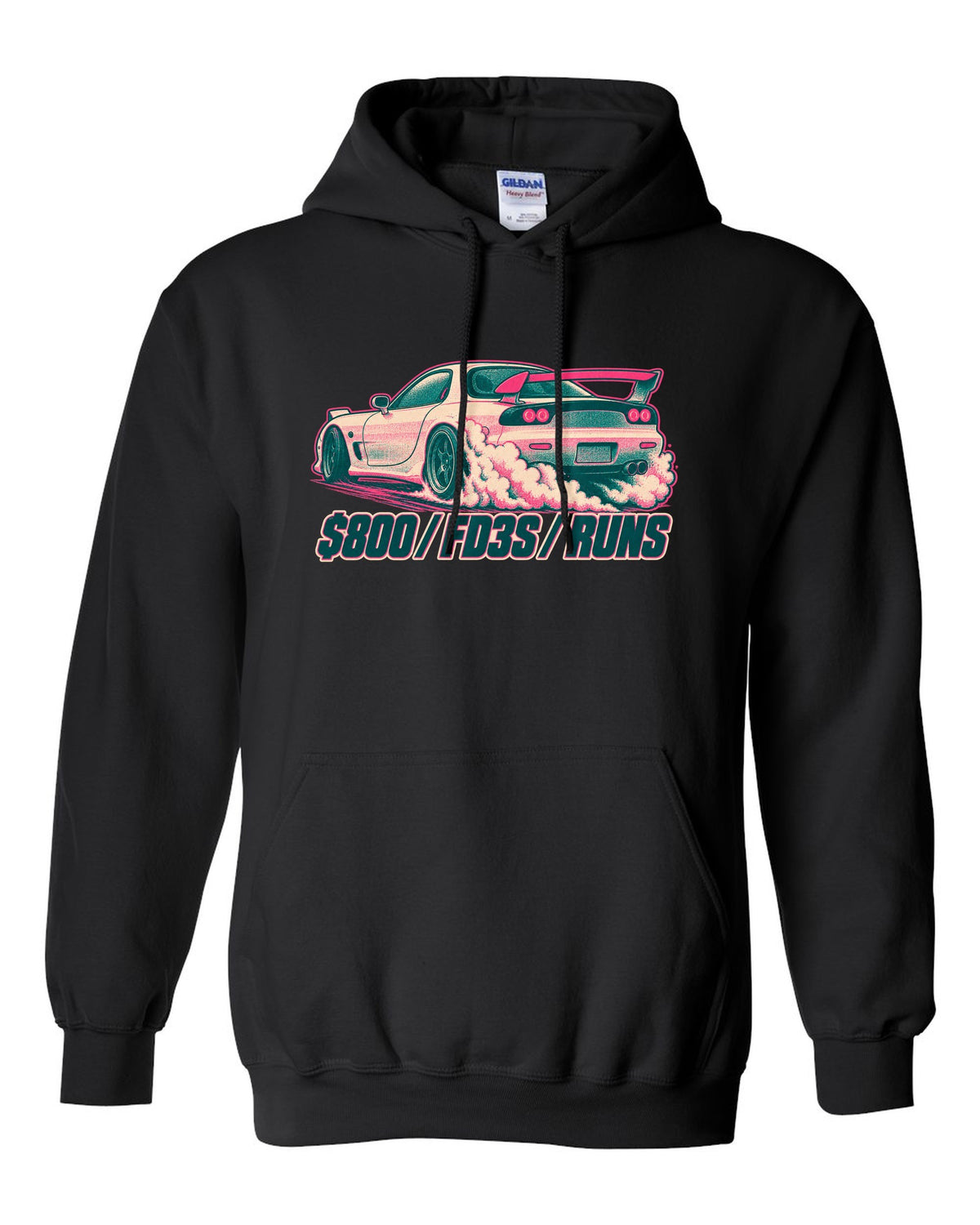 Geometric op-art rotor housing design for the Mazda RX-7 FD3S with 654 CC X 2 / NO PISTONS lettering black pull over hoodie front view with the design