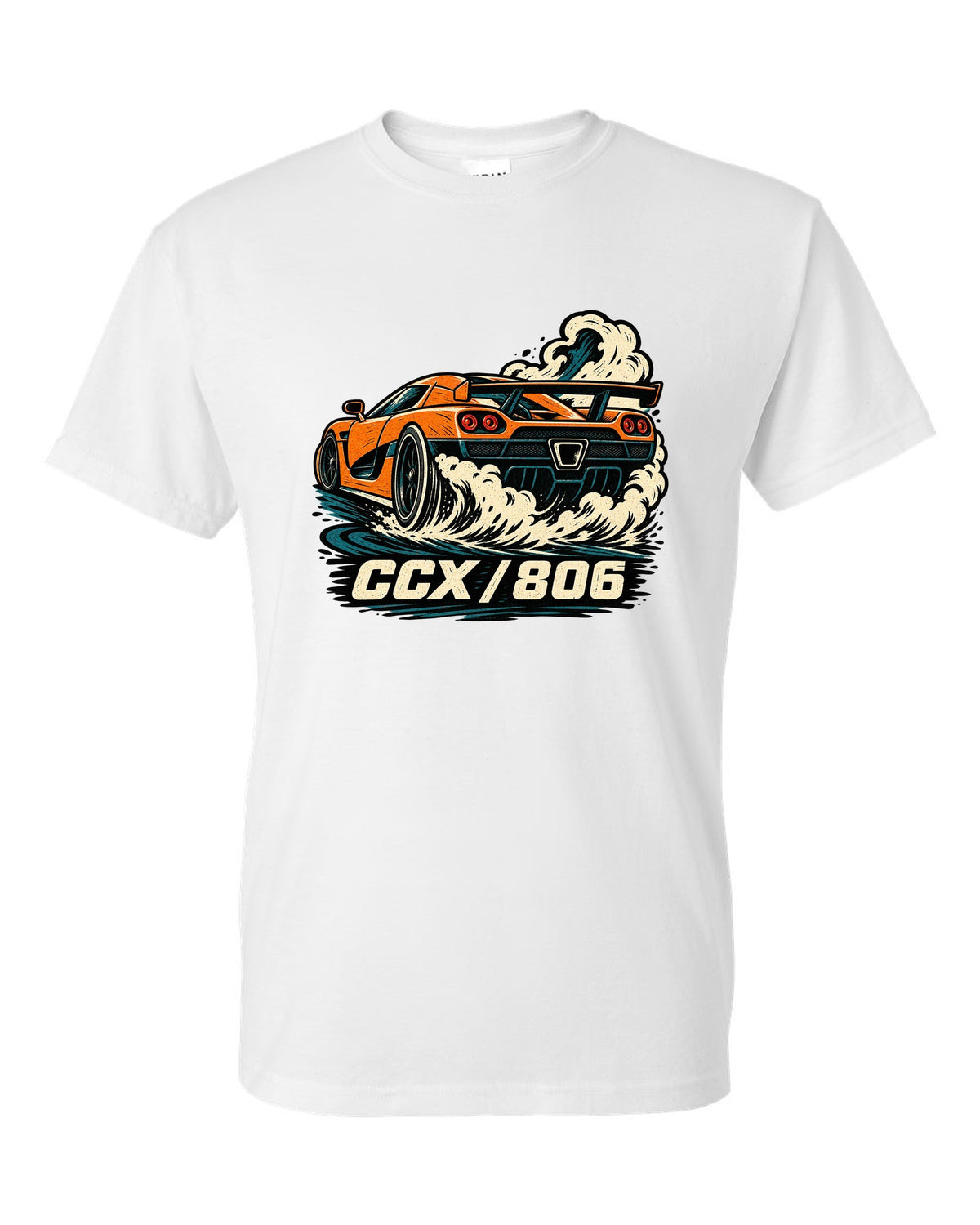 Linocut style illustration of a Koenigsegg CCX doing a burnout with CCX 806 lettering white t-shirt front view with the design