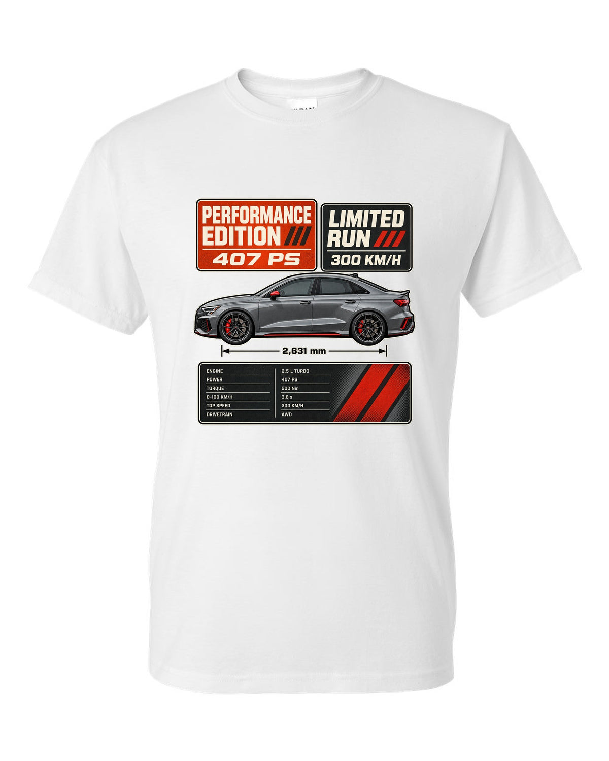 Grey and orange spec poster for the Audi RS3 8Y Performance Edition white t-shirt front view with the design