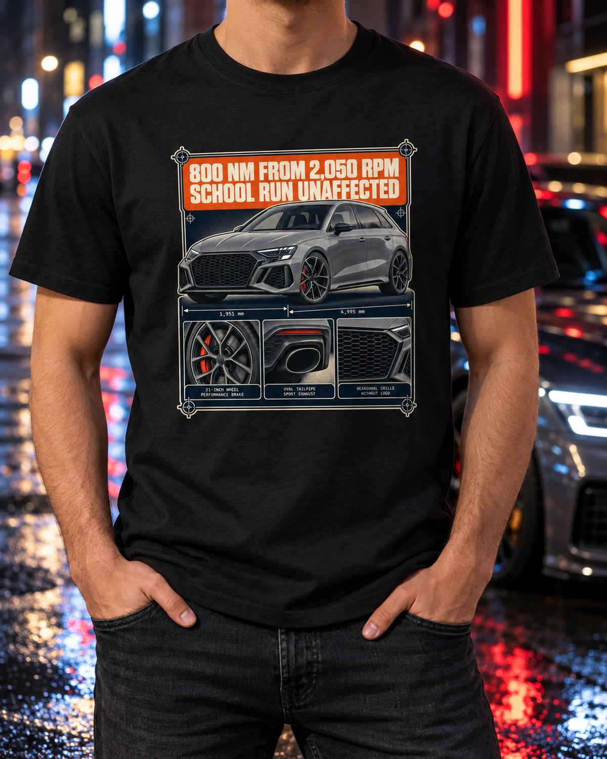 Audi RS6 Avant C8 Dossier Panels Shirt, 800 Nm Torque Tee T-Shirt Black worn hero