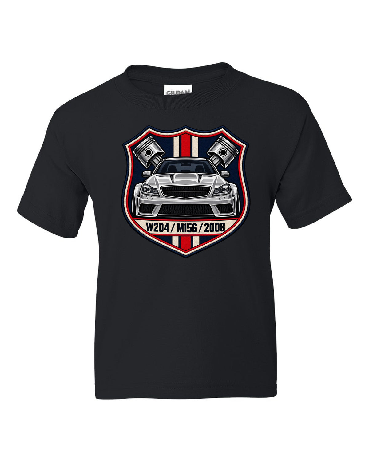 Embroidery-style varsity crest for Mercedes C63 AMG W204 with M156 and 2008 black kids tee front view with the design