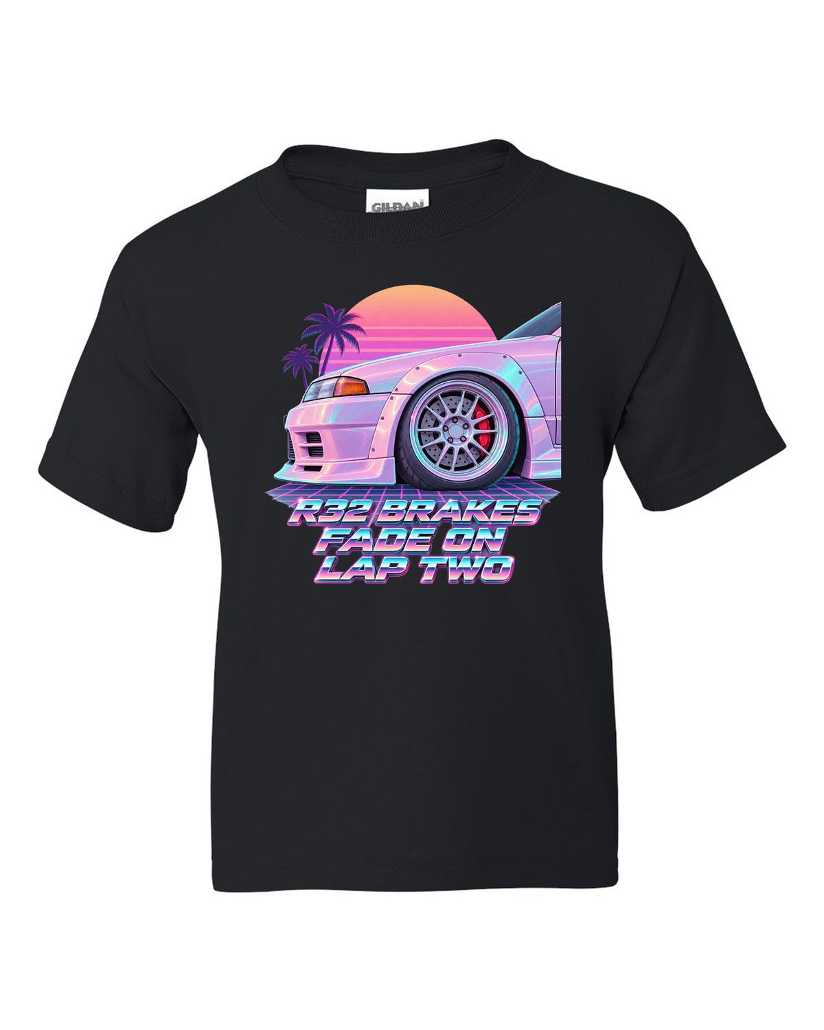 Vaporwave pastel print of a brake wheel with Nissan Skyline GT-R BNR32 brake fade lettering black kids tee front view with the design