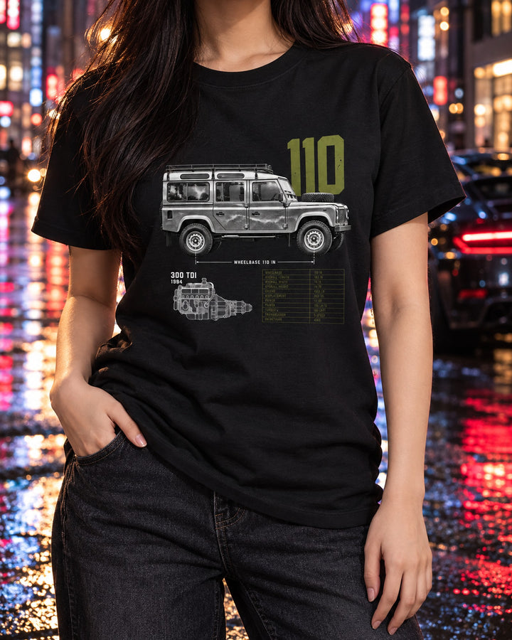 Land Rover Defender 110 300 Tdi 1994 Spec Poster Shirt T-Shirt Black worn hero