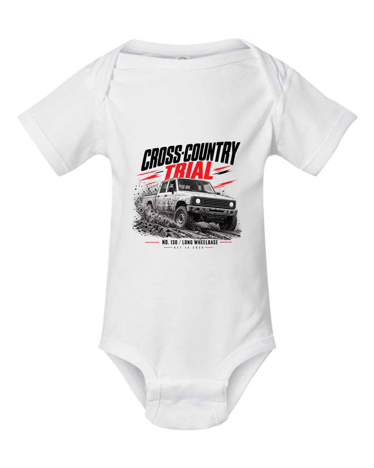 Land Rover Defender 130 cross-country trial race poster print white baby onesie front view with the design