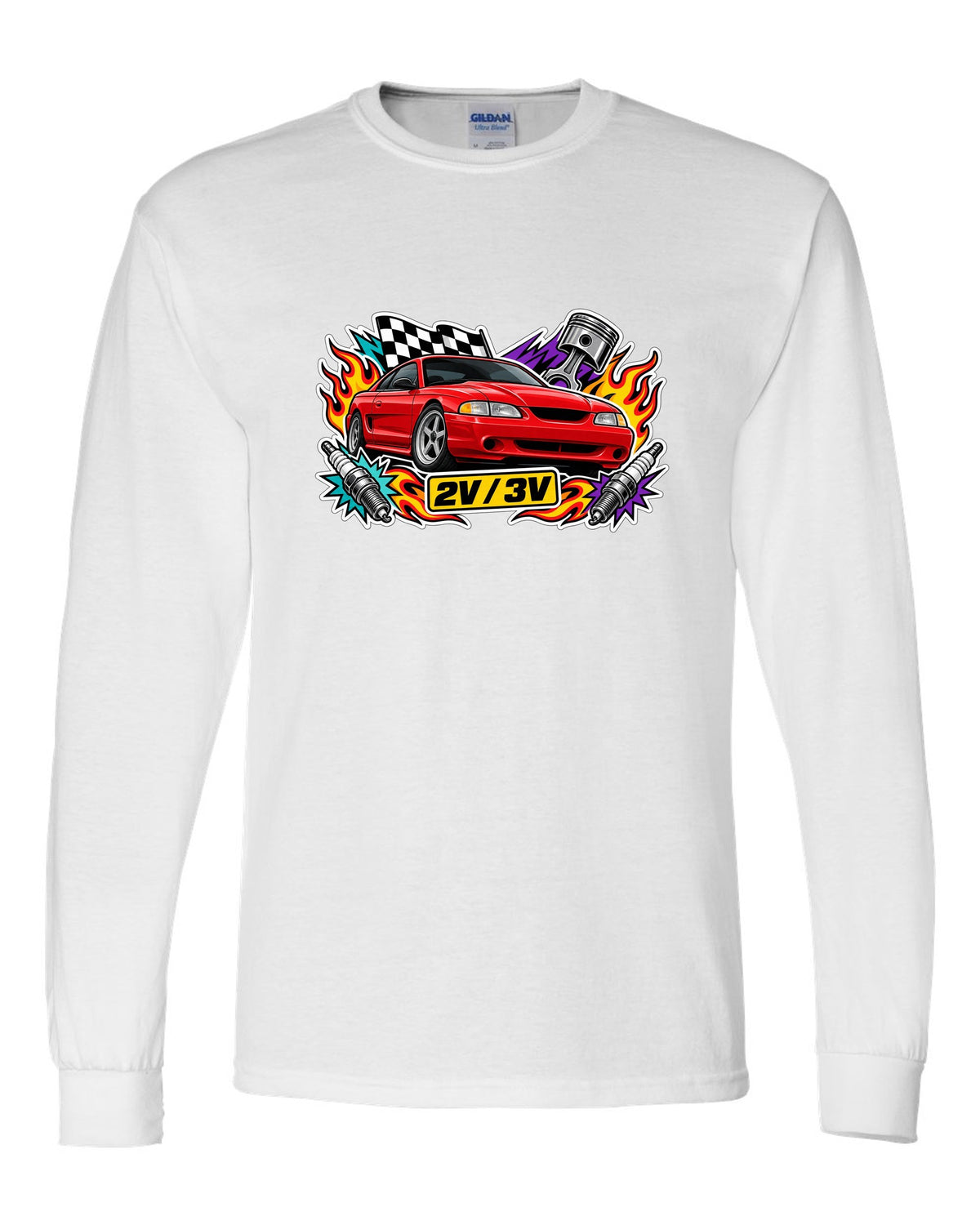 Sticker bomb collage of a 1994-98 SN95 Ford Mustang coupe with 2V 3V text white long sleeve front view with the design