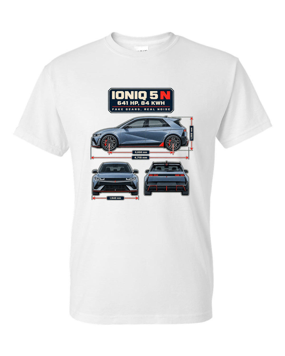 Hyundai Ioniq 5 N dimension blueprint print on a shirt white t-shirt front view with the design