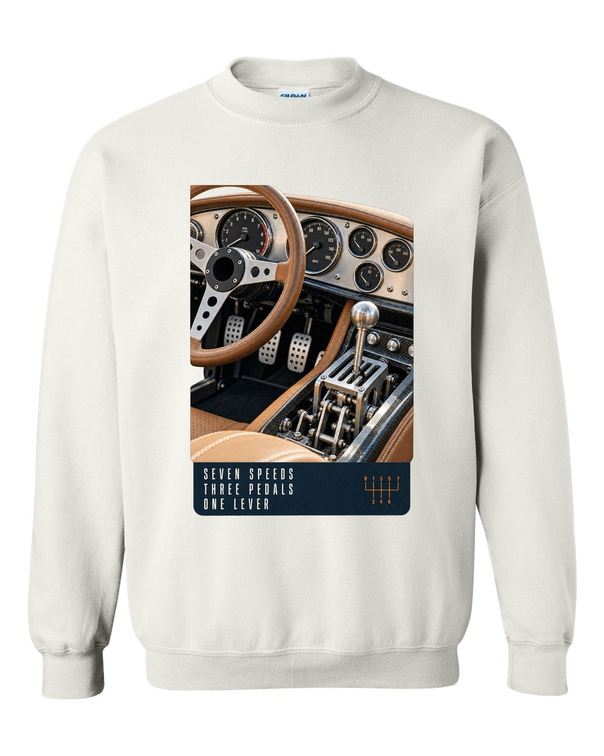 print of the Pagani Utopia manual cockpit and gated shifter white crewneck front view with the design
