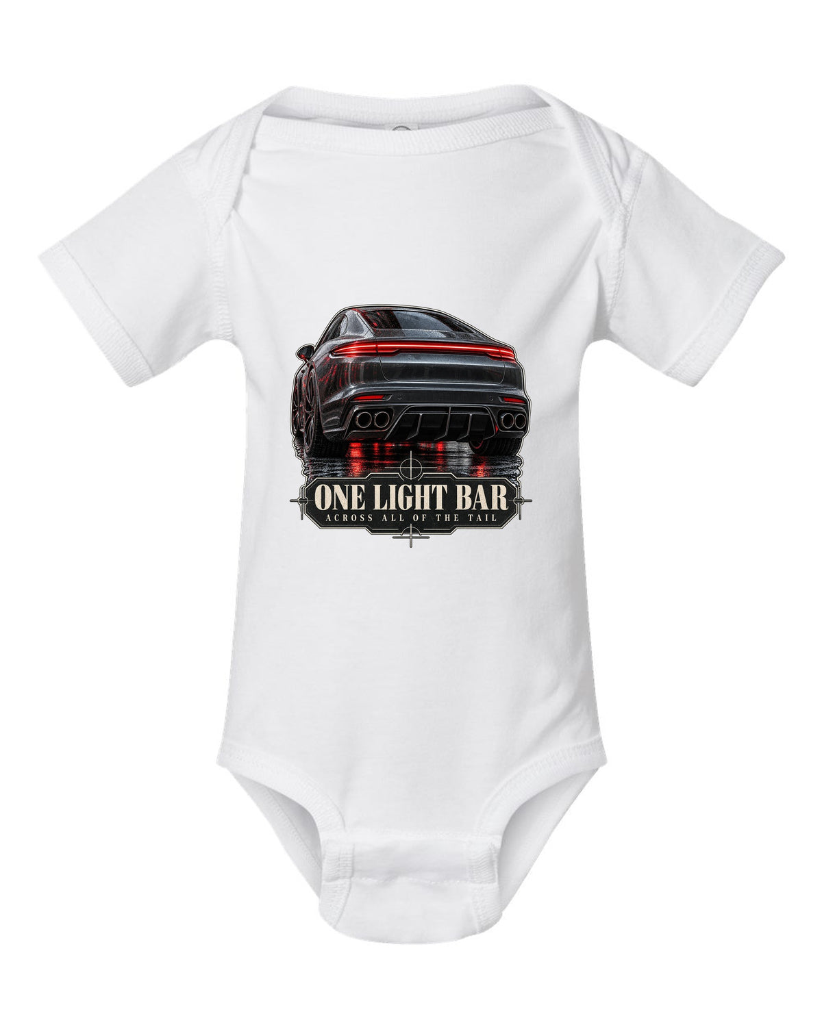 Close crop print of the full-width taillight bar on a Porsche Panamera Turbo S E-Hybrid G3 white baby onesie front view with the design