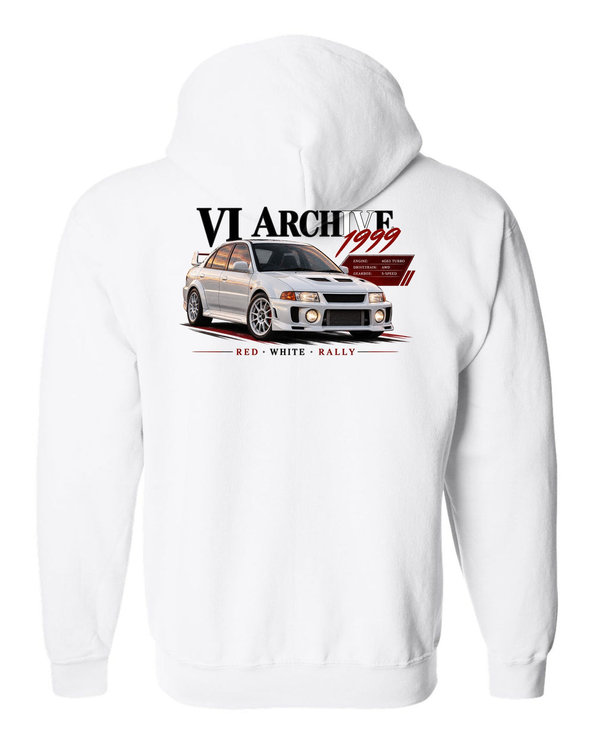 Archive panel print for the Mitsubishi Lancer Evolution VI CP9A listing 4G63 turbo, AWD, 5-speed, red white rally white zip hoodie back view with the design