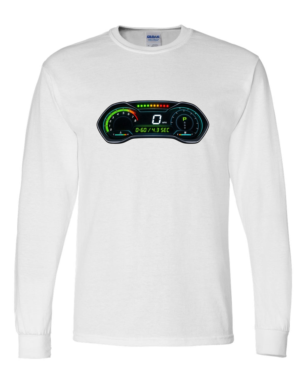Retro manga halftone panel print of an S550 Mustang fastback doing a line lock burnout white long sleeve front view with the design