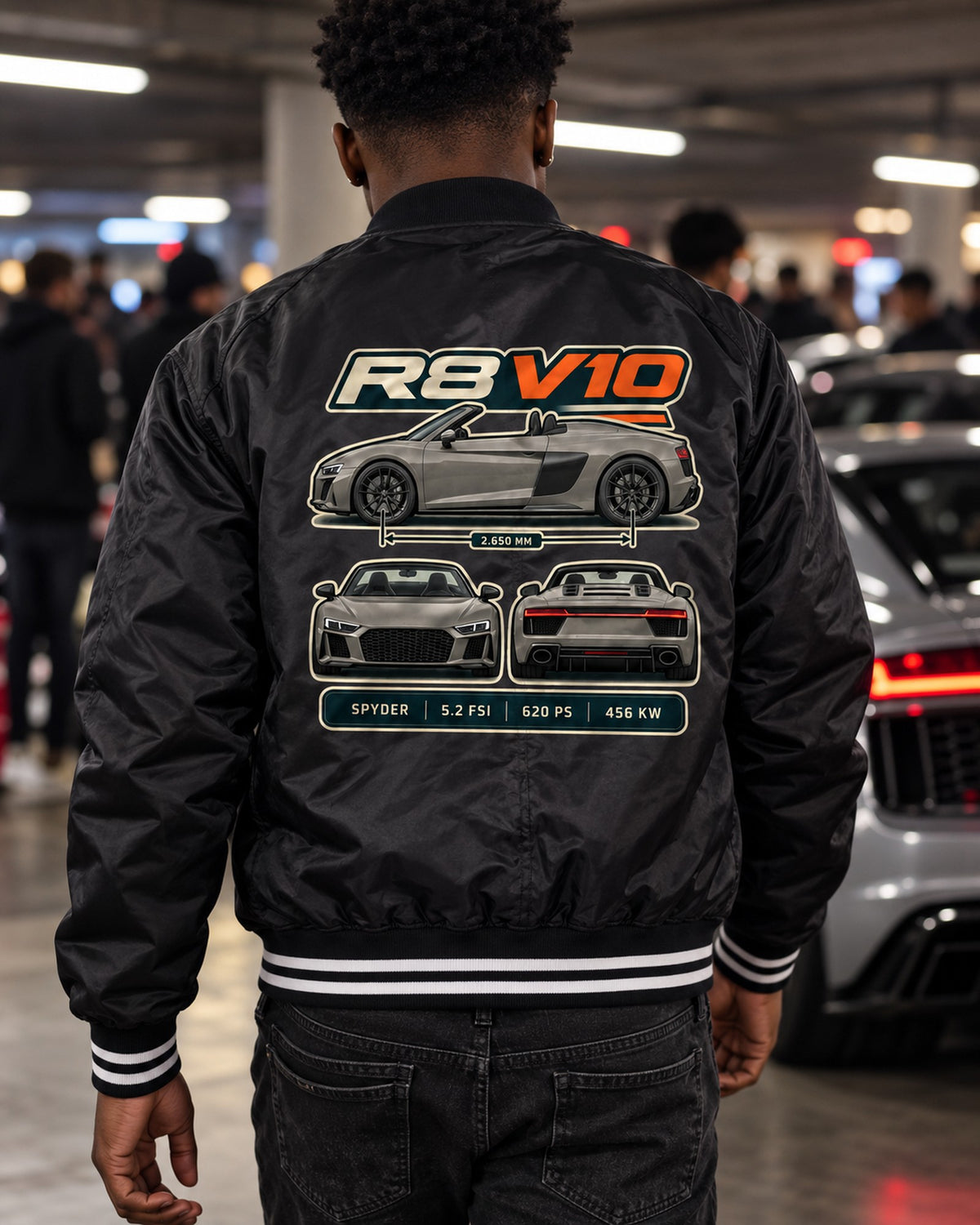 Audi R8 Spyder V10 Performance Three-View Spec Table Shirt Bomber Jacket Black worn hero