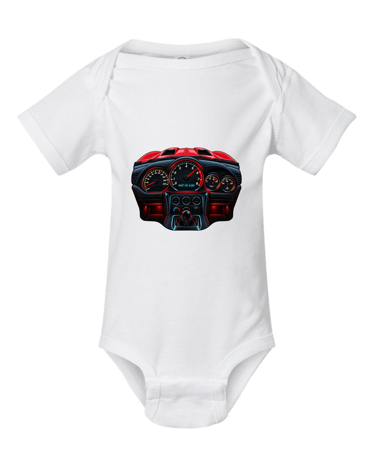 Gauge-cluster HUD design for a 2015 Dodge Viper VX I reading shift by 6,200 white baby onesie front view with the design