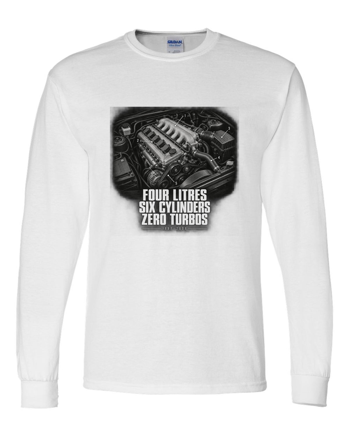 Engine hero print for the Jeep Wrangler TJ, Four Litres Six Cylinders Zero Turbos white long sleeve front view with the design