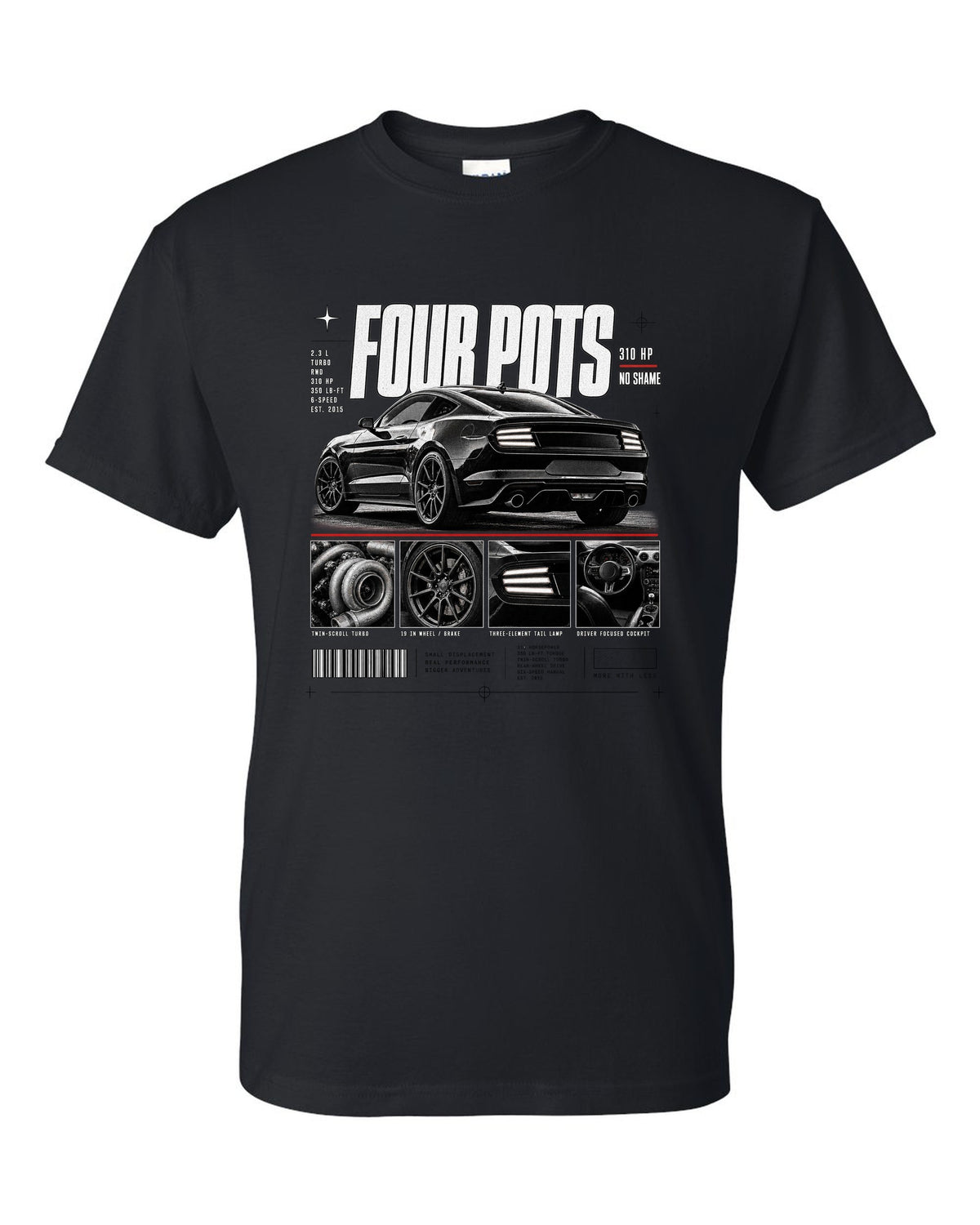 Dossier panel print of a 2015-17 Ford Mustang S550 EcoBoost fastback black t-shirt front view with the design