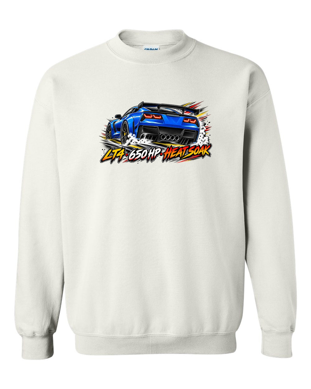 Retro manga halftone panel print of a 2016 Chevrolet Corvette C7 Z06 with LT4 650 HP heat soak lettering white crewneck front view with the design