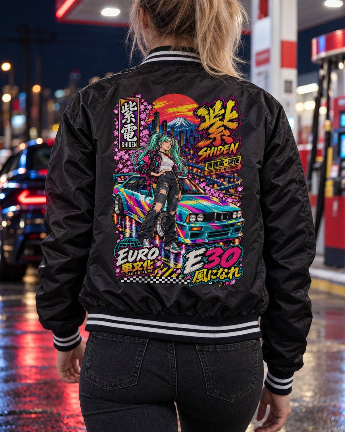 SHIDEN E30 Anime Girl Full-Back Graphic Tee Bomber Jacket Black worn hero