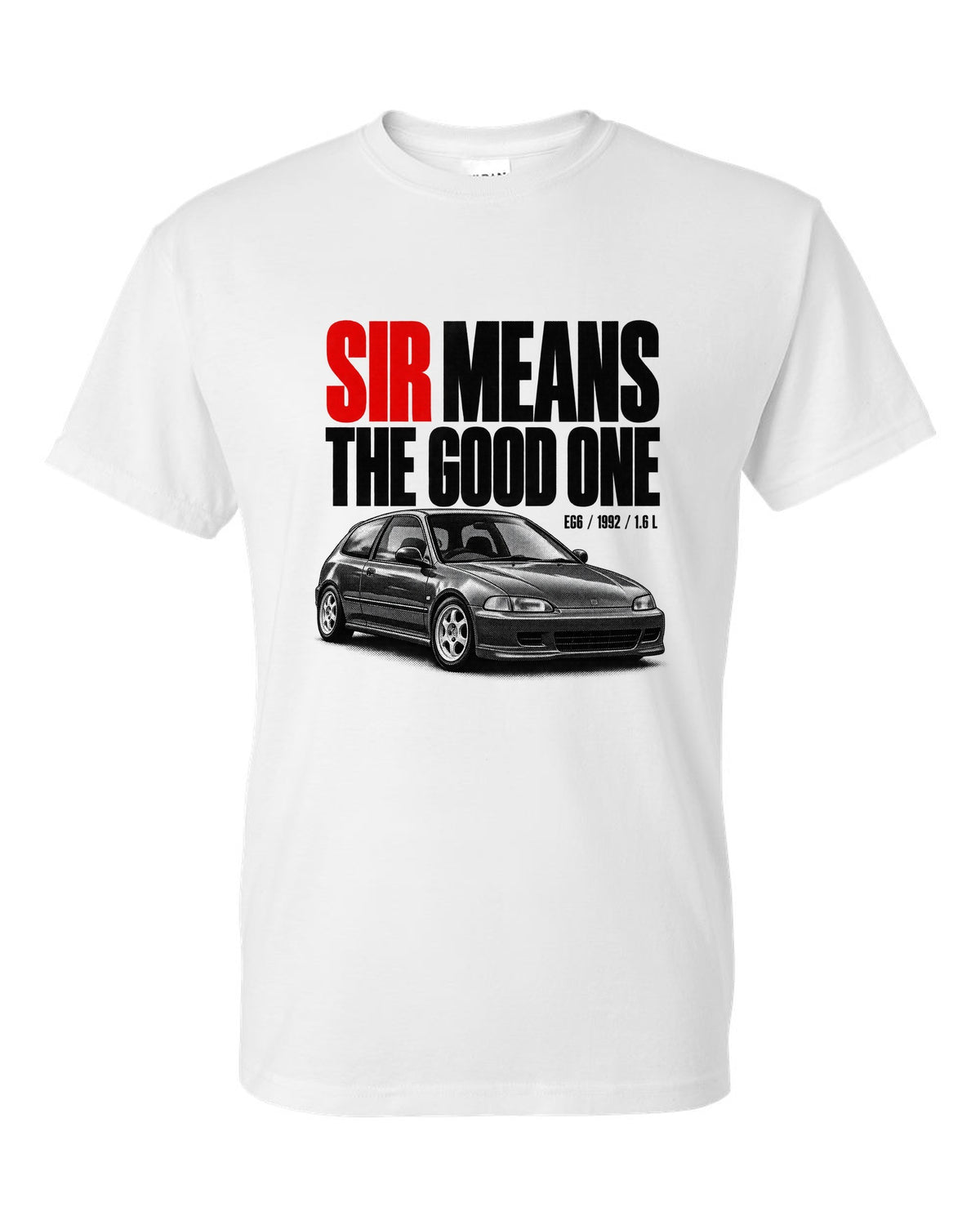 Halftone print of a 1992 Honda Civic EG6 SiR chback with SiR text white t-shirt front view with the design
