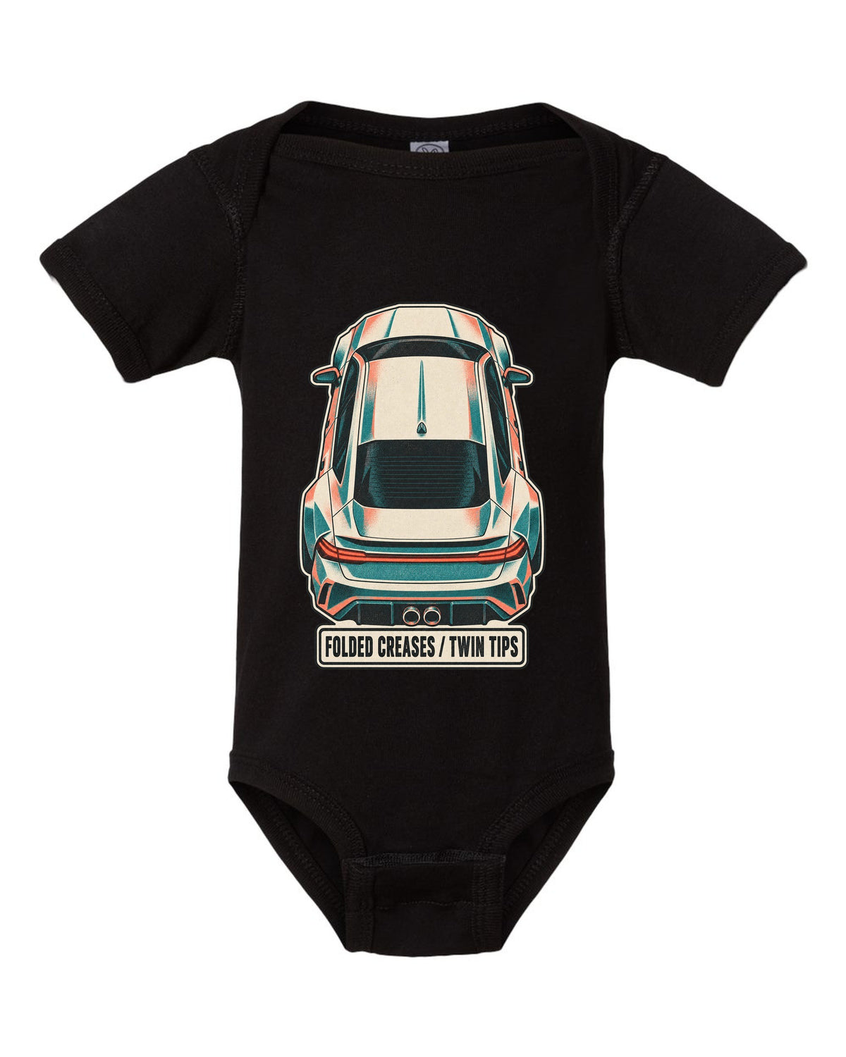 Risograph duotone top-down print of a Hyundai Elantra N CN7 with folded creases and twin tips text black baby onesie front view with the design