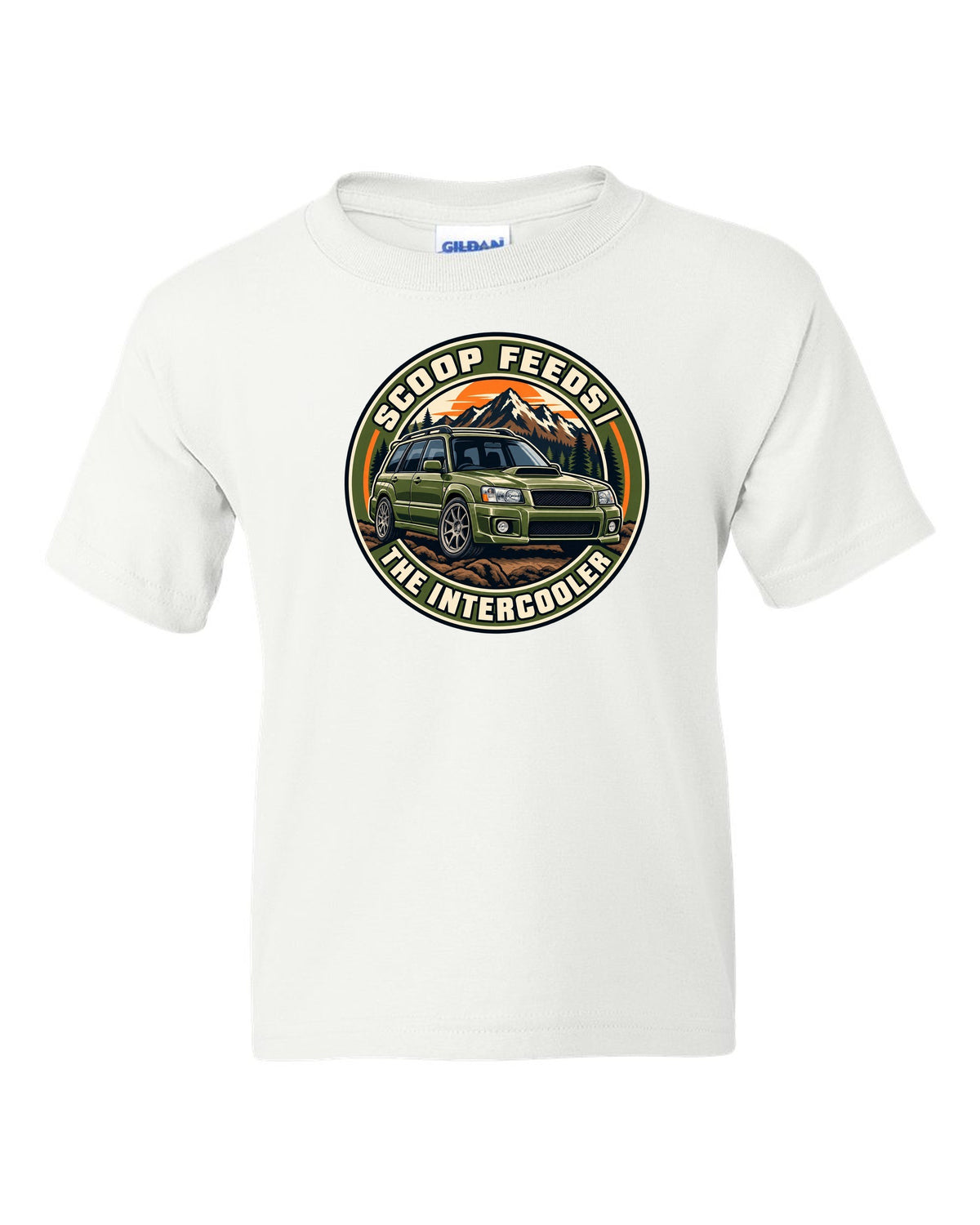 Round embroidered-style crest for a Subaru Forester SG9 about the hood scoop feeding the intercooler white kids tee front view with the design