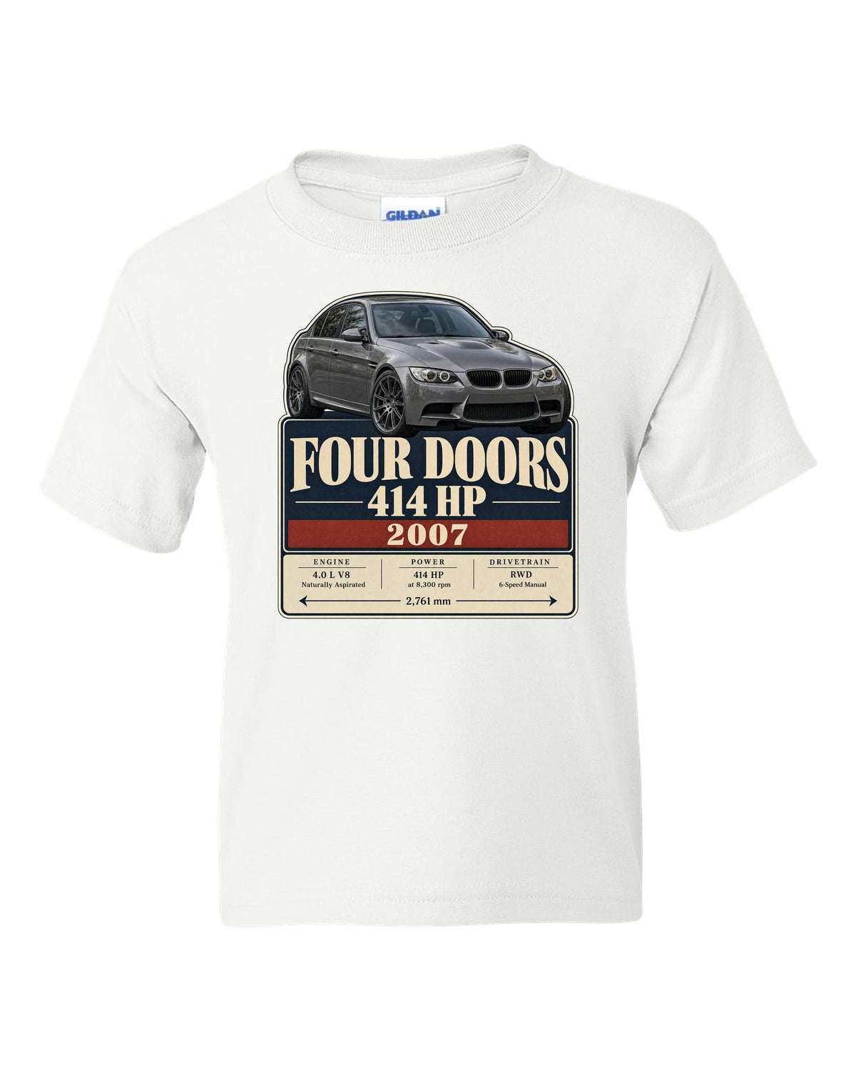 BMW M3 E90 saloon archive panel print white kids tee front view with the design