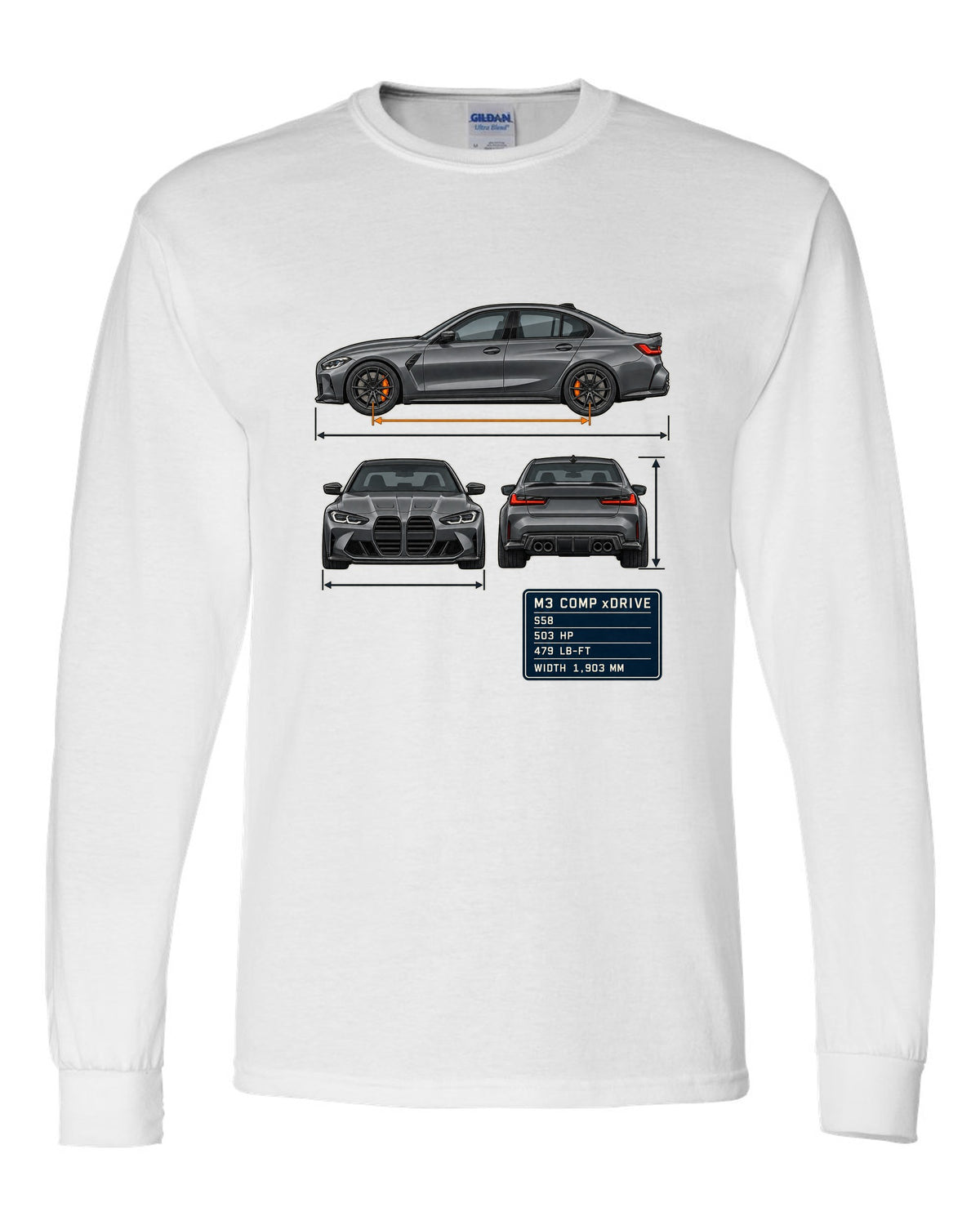 BMW M3 Competition xDrive G80 three-view drawing with spec table print white long sleeve front view with the design