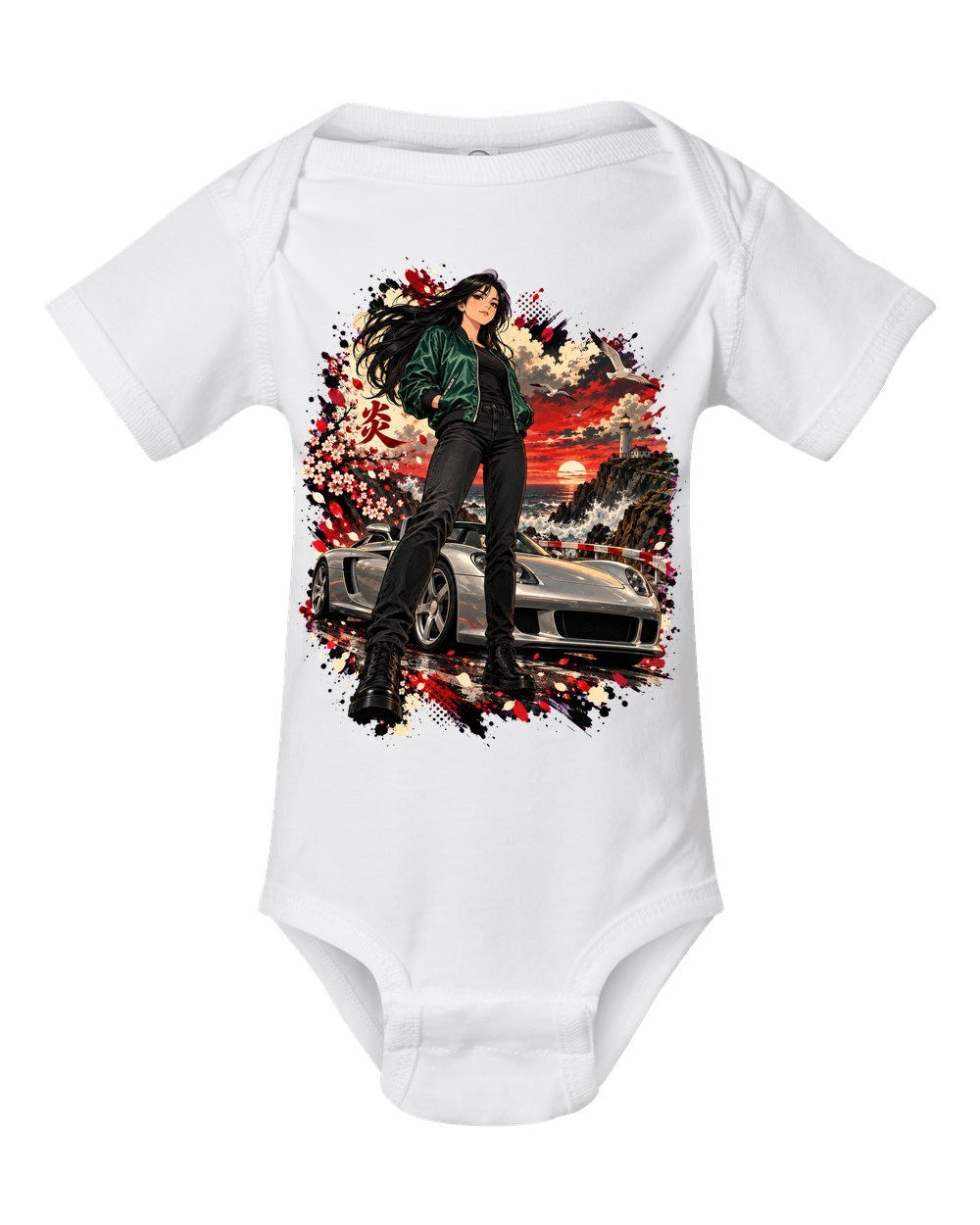 Porsche Carrera GT Anime Girl Baby Onesie White front