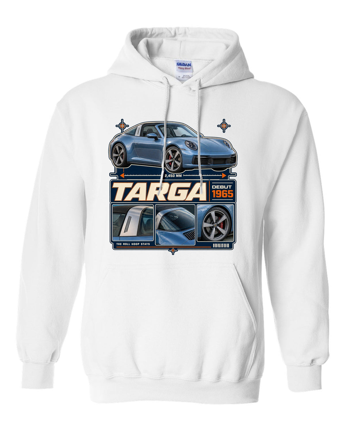 Dossier panel print of a Porsche 911 Targa 4S 992 with roll hoop white pull over hoodie front view with the design