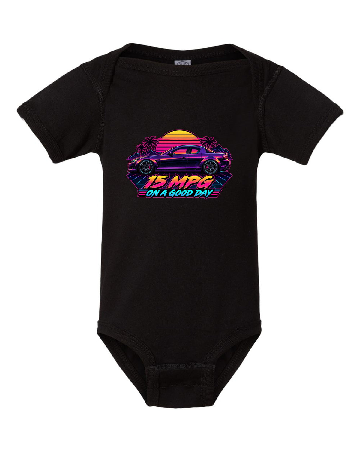 Sticker-bomb collage design for the Mazda RX-8 SE3P with CHECK OIL EVERY FILL-UP lettering black baby onesie front view with the design