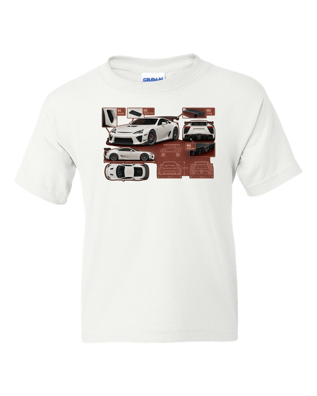Aero callout diagram of the 2020 Lexus RC F Track Edition white kids tee front view with the design