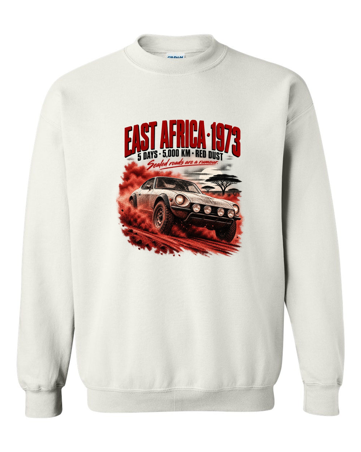 Rally poster print of a 1973 Datsun 240Z S30 rally car for East Africa white crewneck front view with the design
