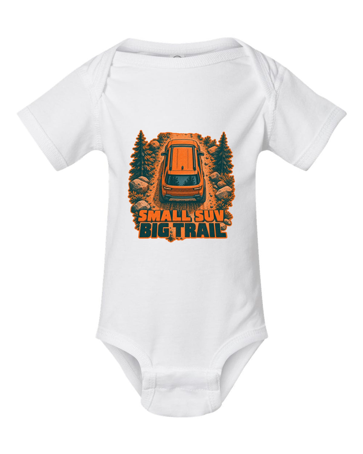 Rivian R2 overhead risograph duotone print with the text small SUV big trail white baby onesie front view with the design