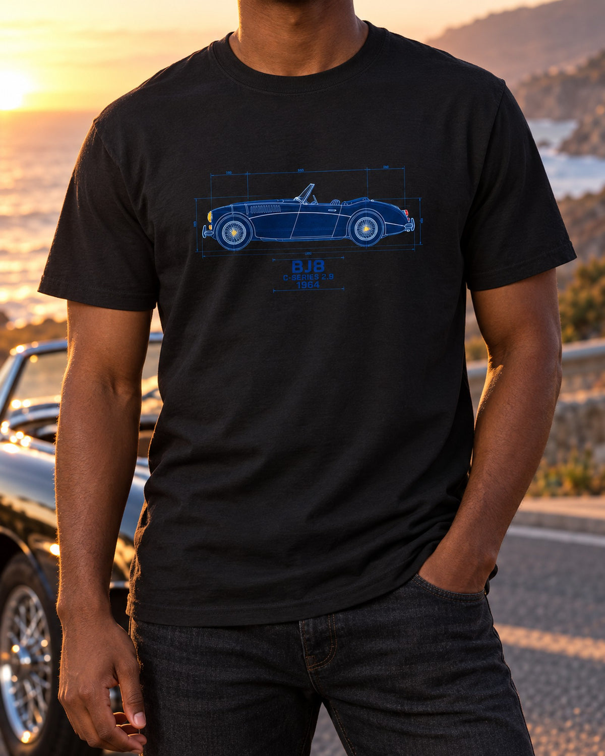 Austin-Healey 3000 Mk III BJ8 Blueprint Tee, Big Healey T-Shirt Black worn hero