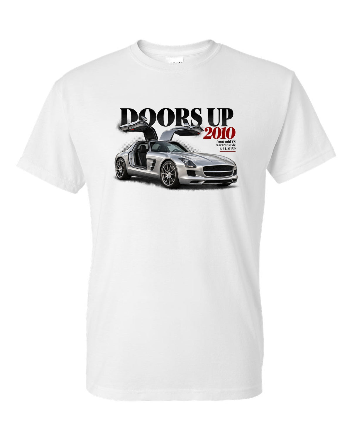 Editorial print of a Mercedes SLS AMG C197 with gullwing doors raised and Doors Up 2010 lettering white t-shirt front view with the design