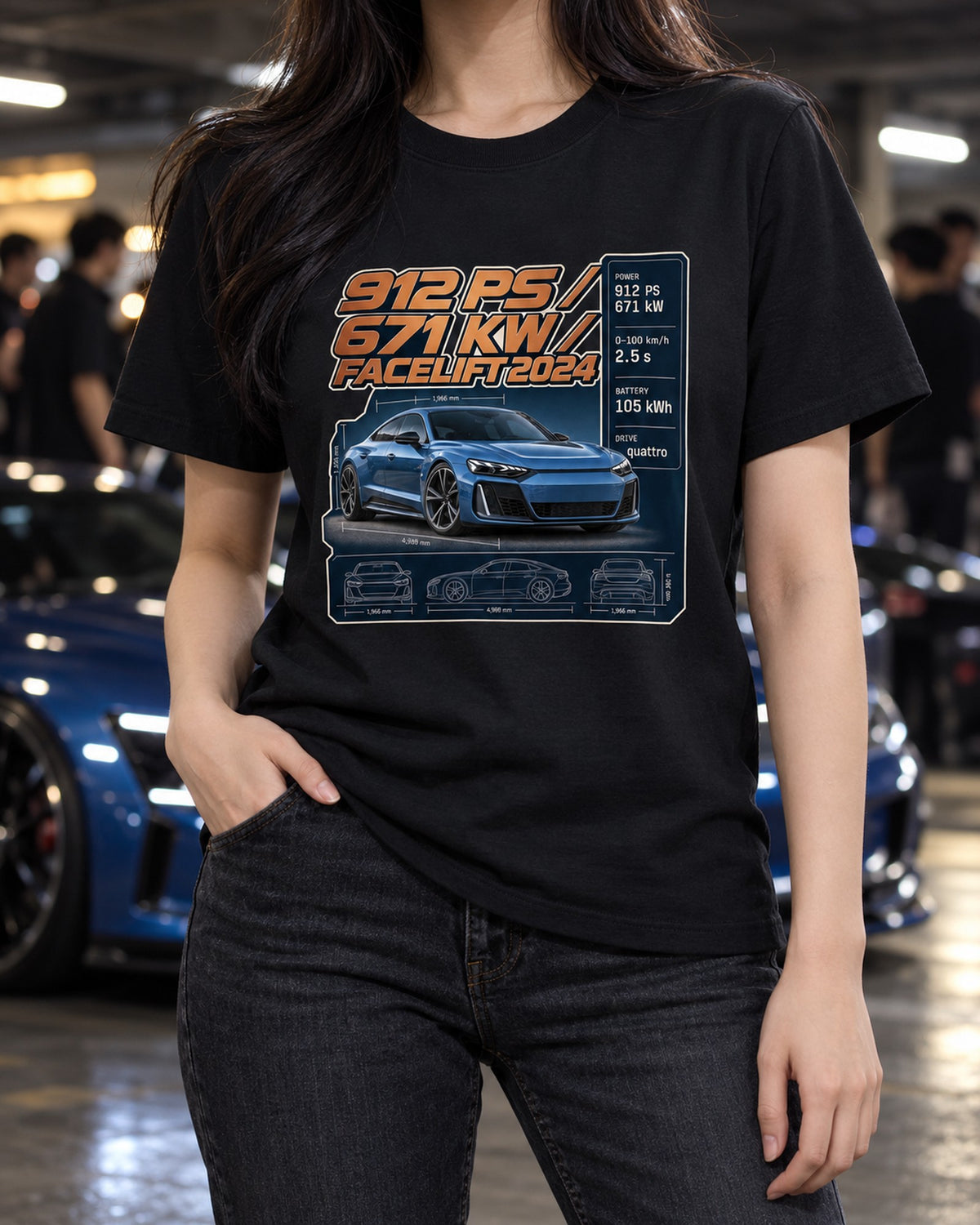 Audi RS e-tron GT Performance Facelift Spec Poster Tee, 912 PS T-Shirt Black worn hero