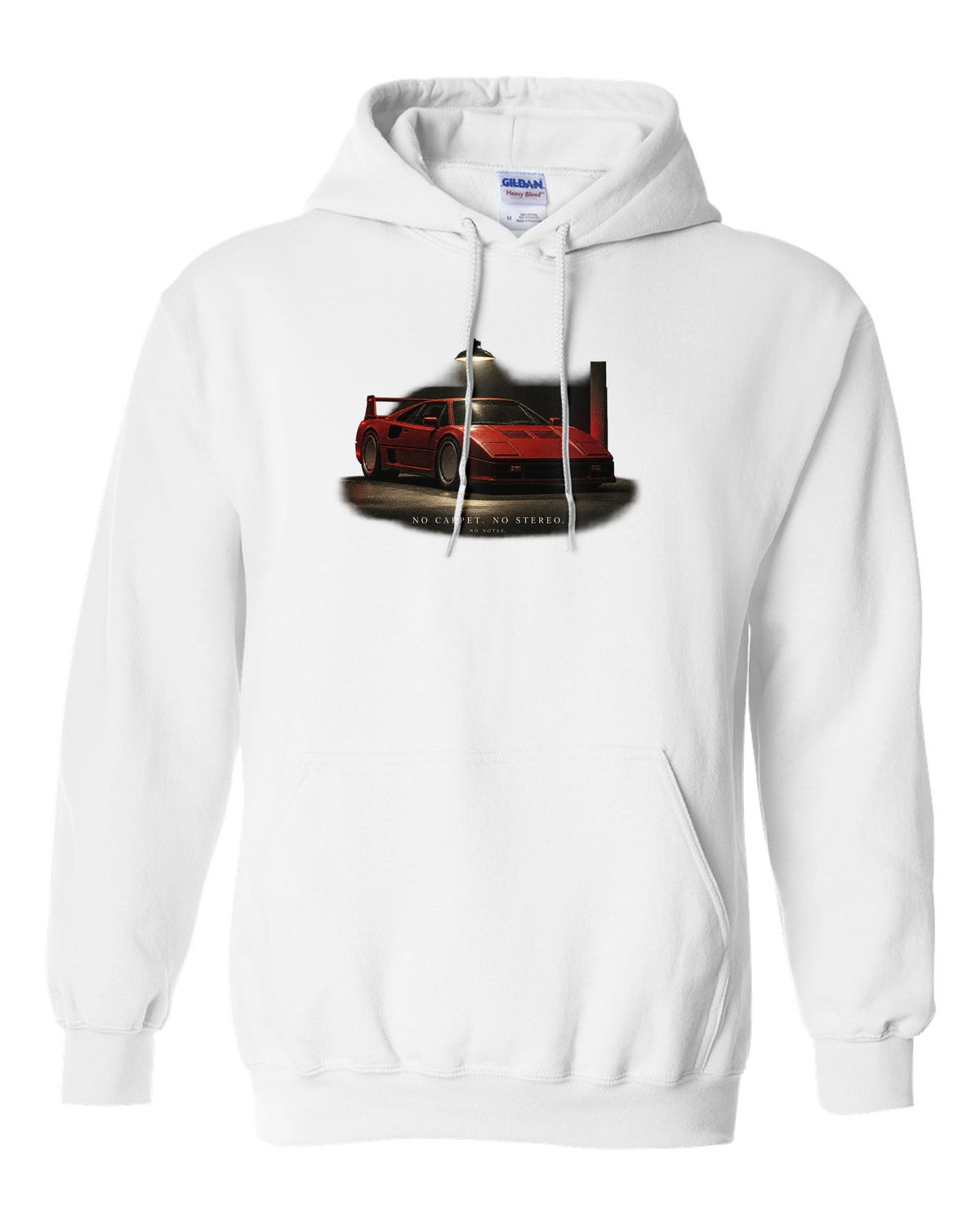 Ferrari F40 1987 front three-quarter at night, print: no carpet, no stereo, no notes white pull over hoodie front view with the design