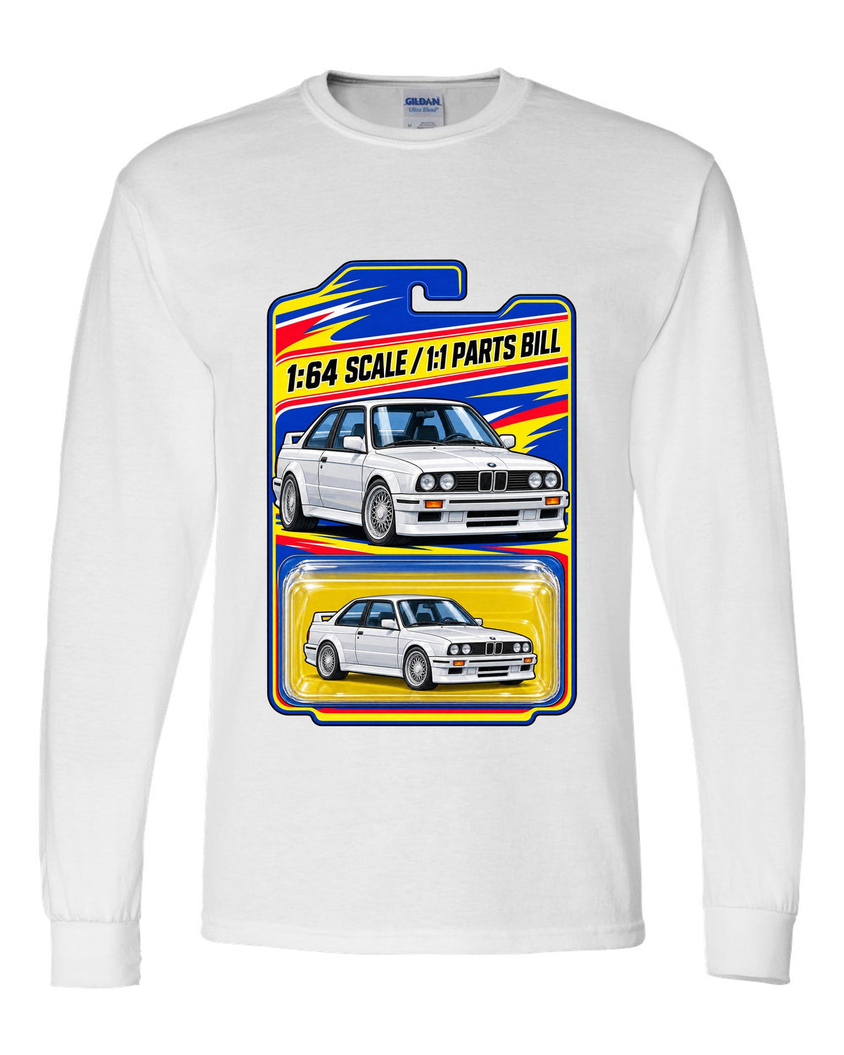 Vaporwave pastel print of a BMW E30 M3 slicktop with roof leaks not included text white long sleeve front view with the design