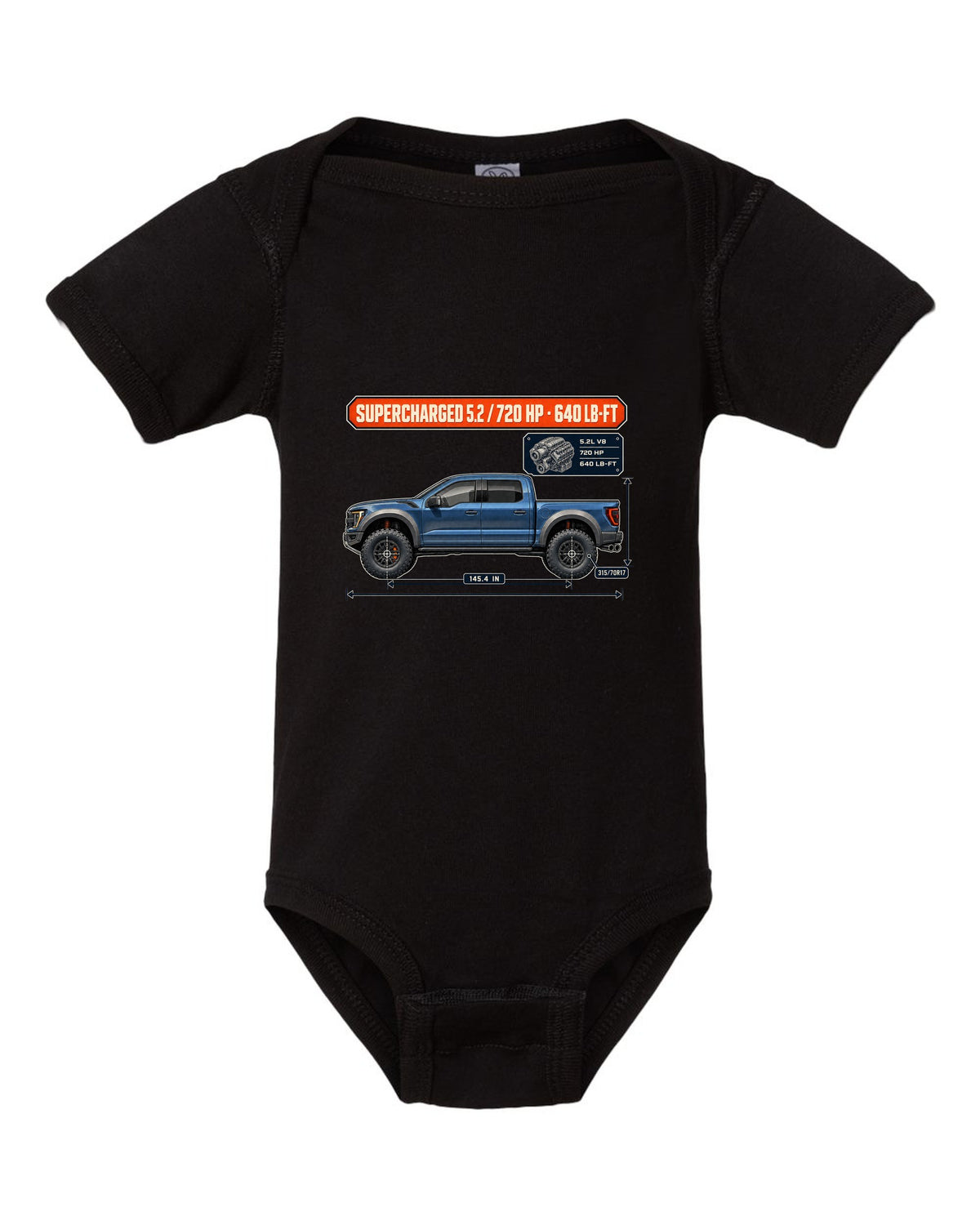Ford F-150 Raptor R 2023 dimension blueprint print with 720 HP spec black baby onesie front view with the design