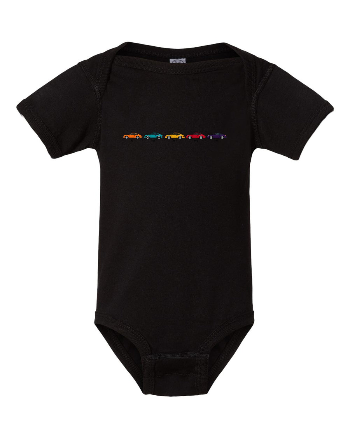 Retro Japanese showa advert style illustration of a 1955 Porsche 356 A Speedster black baby onesie front view with the design