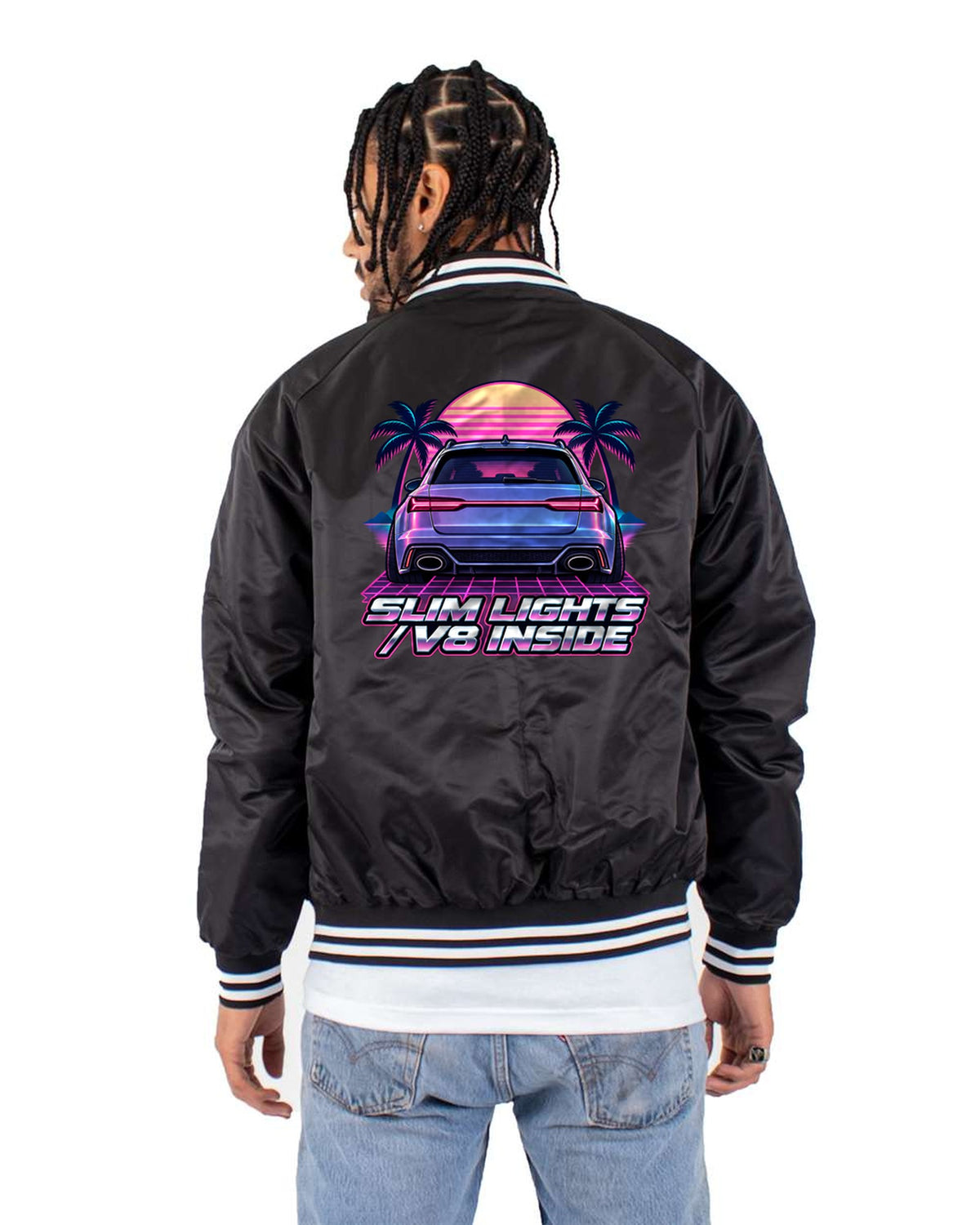 Audi RS6 Avant C7 4G Vaporwave Sunset Shirt, Slim Lights V8 Bomber Jacket Black back