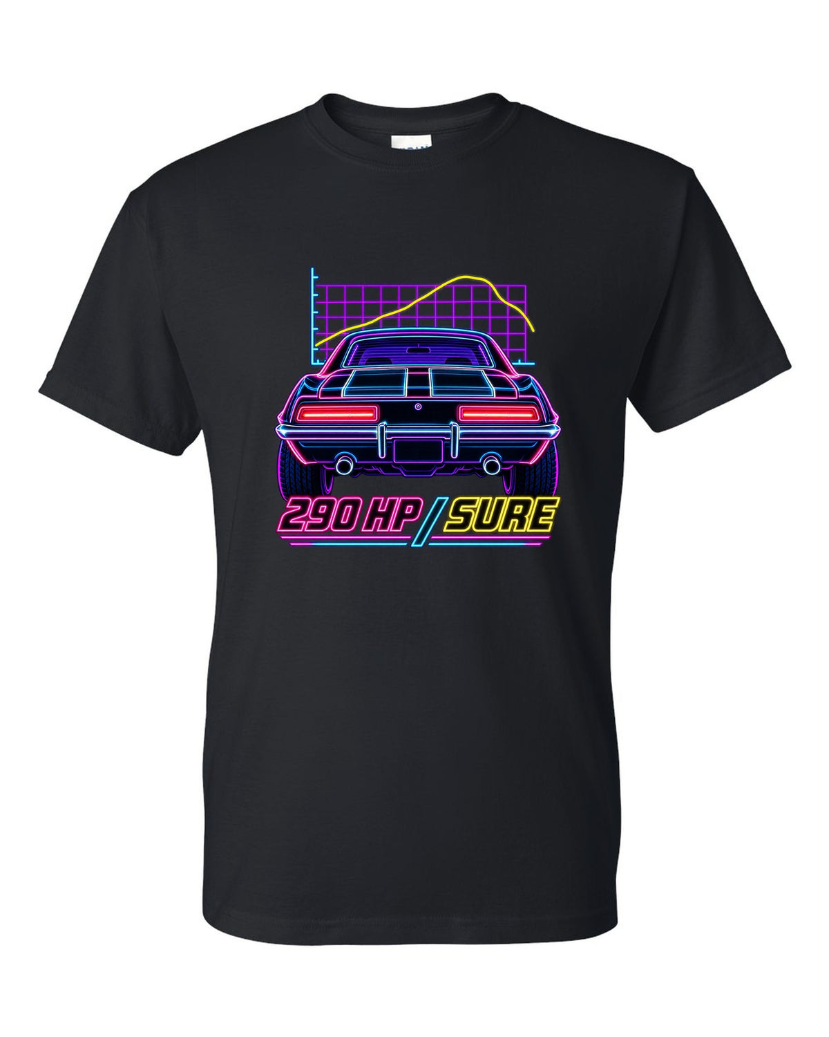 Neon synthwave outline of a 1969 Chevrolet Camaro Z/28 taillights with 290 HP lettering black t-shirt front view with the design