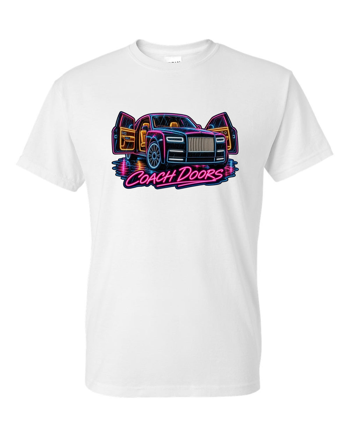 Neon sign style print of a Rolls-Royce Phantom VIII in rain with coach doors lettering white t-shirt front view with the design