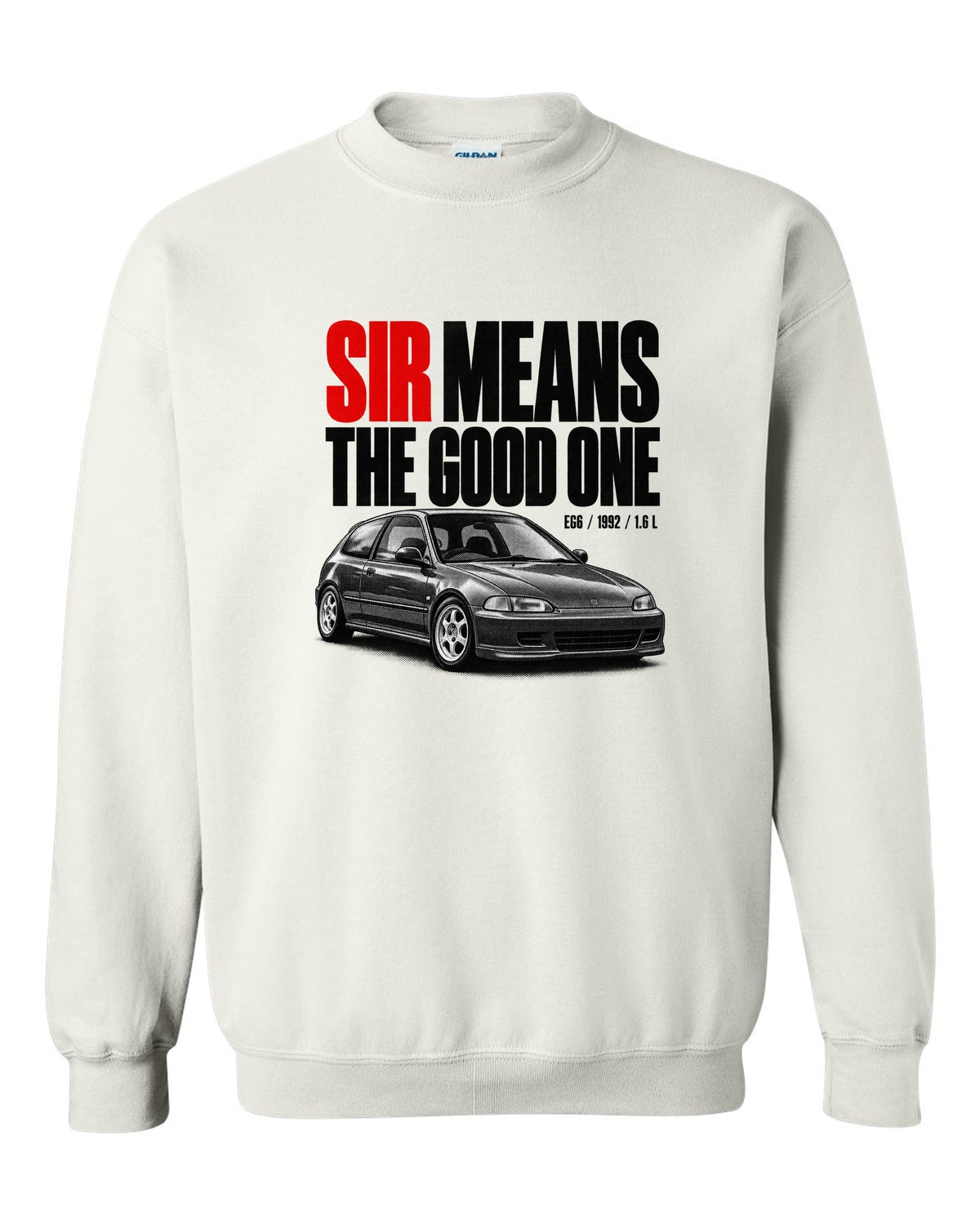 Halftone print of a 1992 Honda Civic EG6 SiR chback with SiR text white crewneck front view with the design