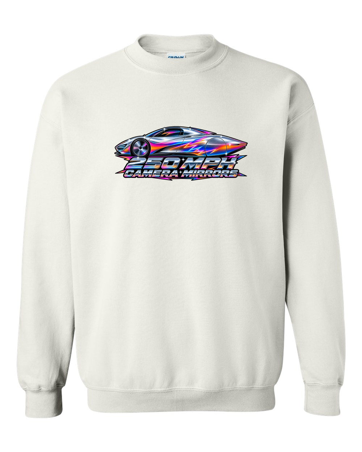 McLaren Speedtail in 80s airbrush chrome style with 250 MPH and camera mirrors lettering white crewneck front view with the design