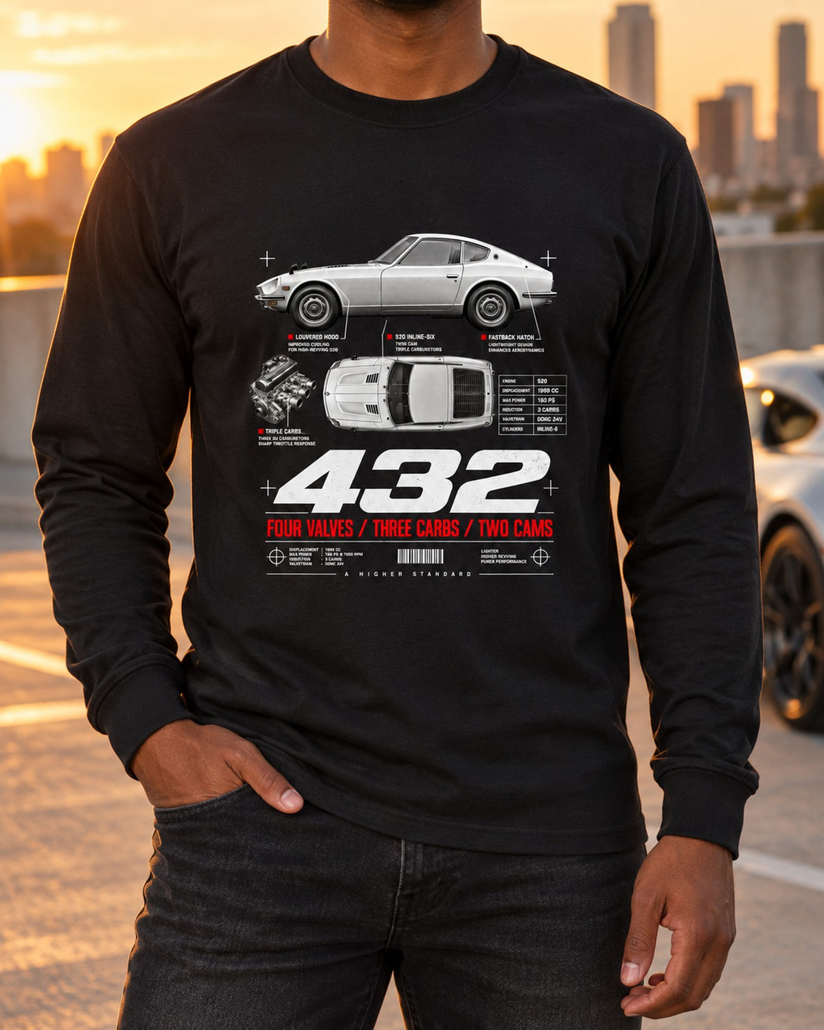 Datsun Fairlady Z432 PS30 Spec Poster Shirt, JDM Classic Tee Long Sleeve Black worn hero