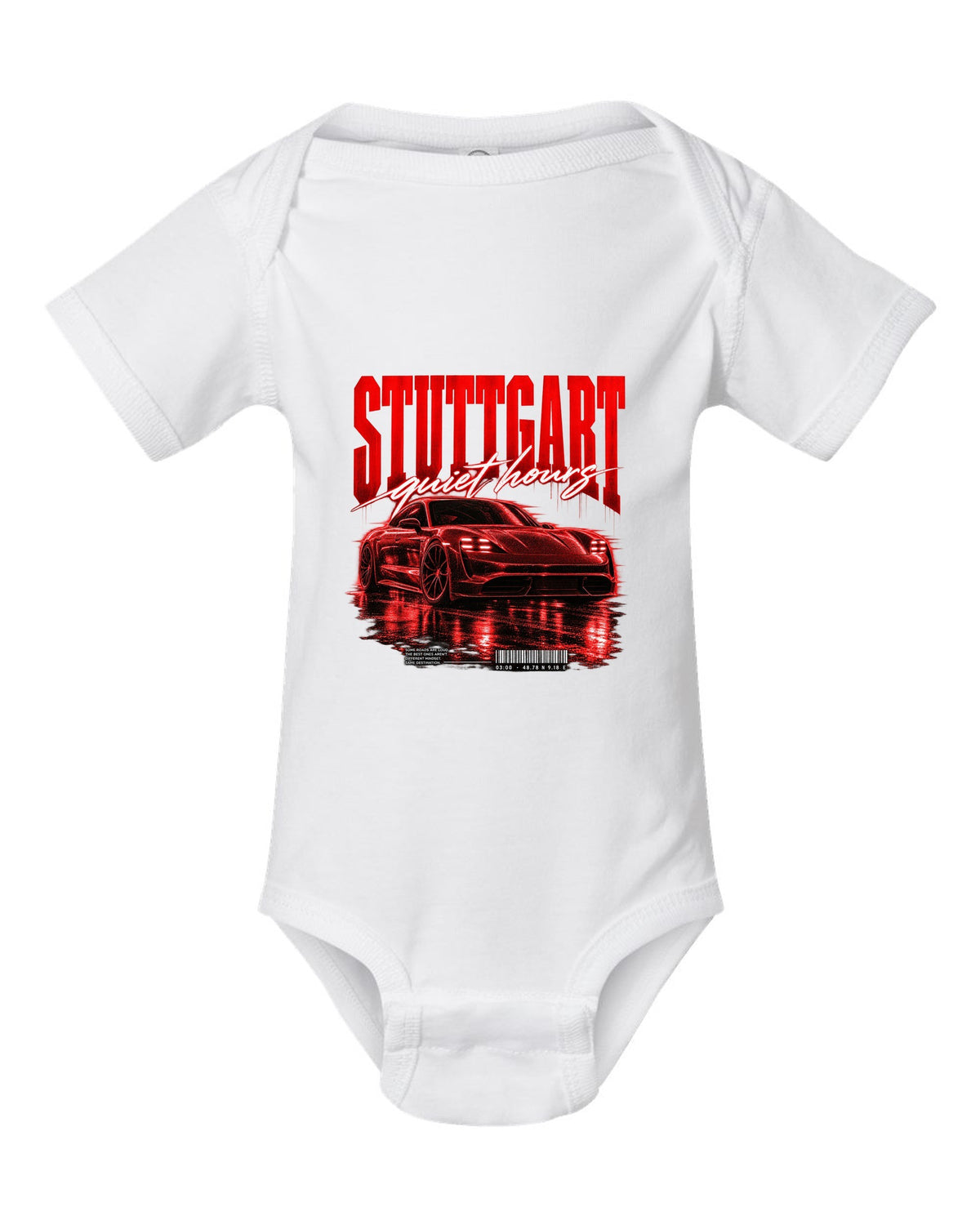 Low widebody Porsche Taycan Turbo S 9J1 street poster with Stuttgart coordinates white baby onesie front view with the design