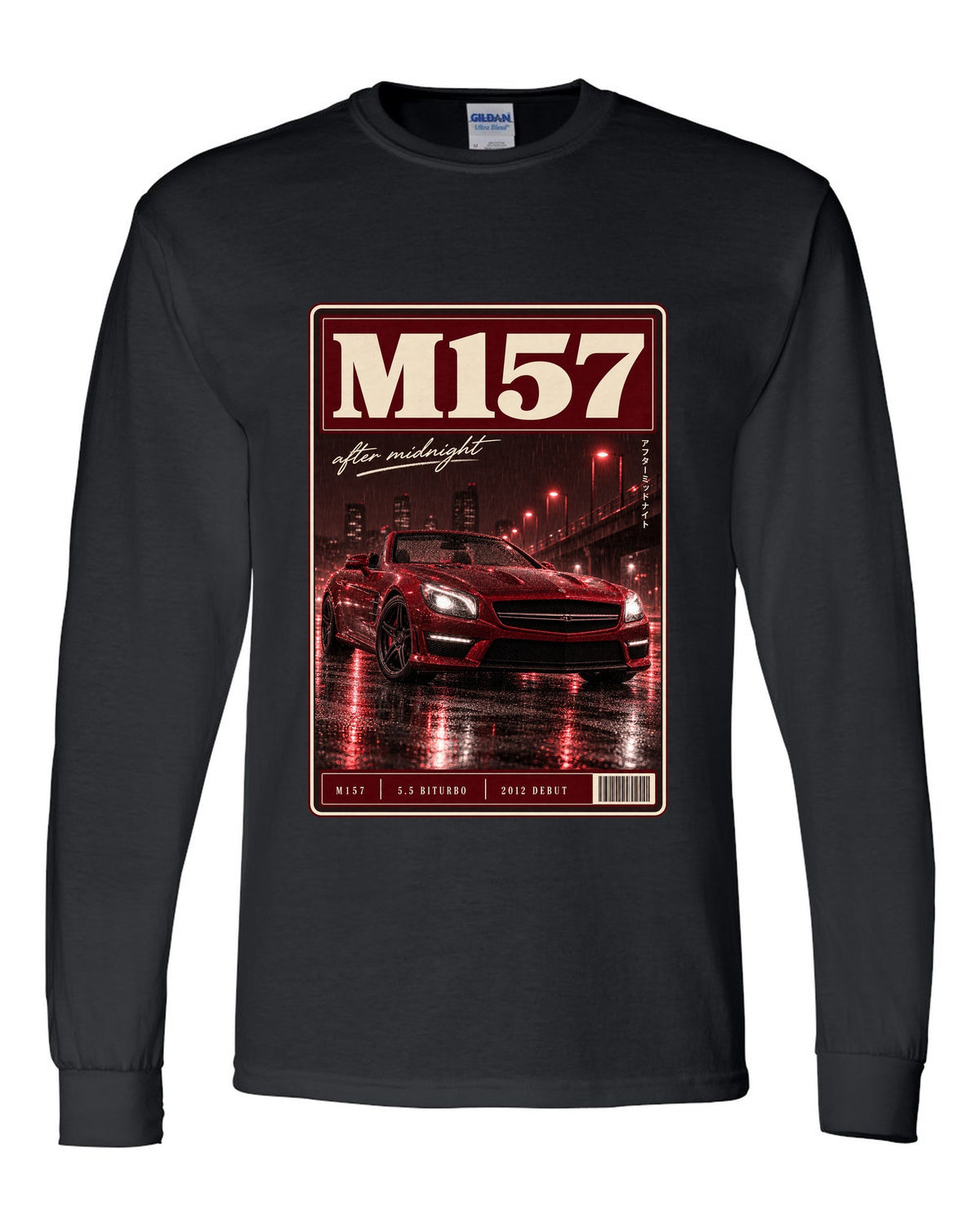 Mercedes-Benz SL63 R231 low front three-quarter night street scene in red monochrome black long sleeve front view with the design