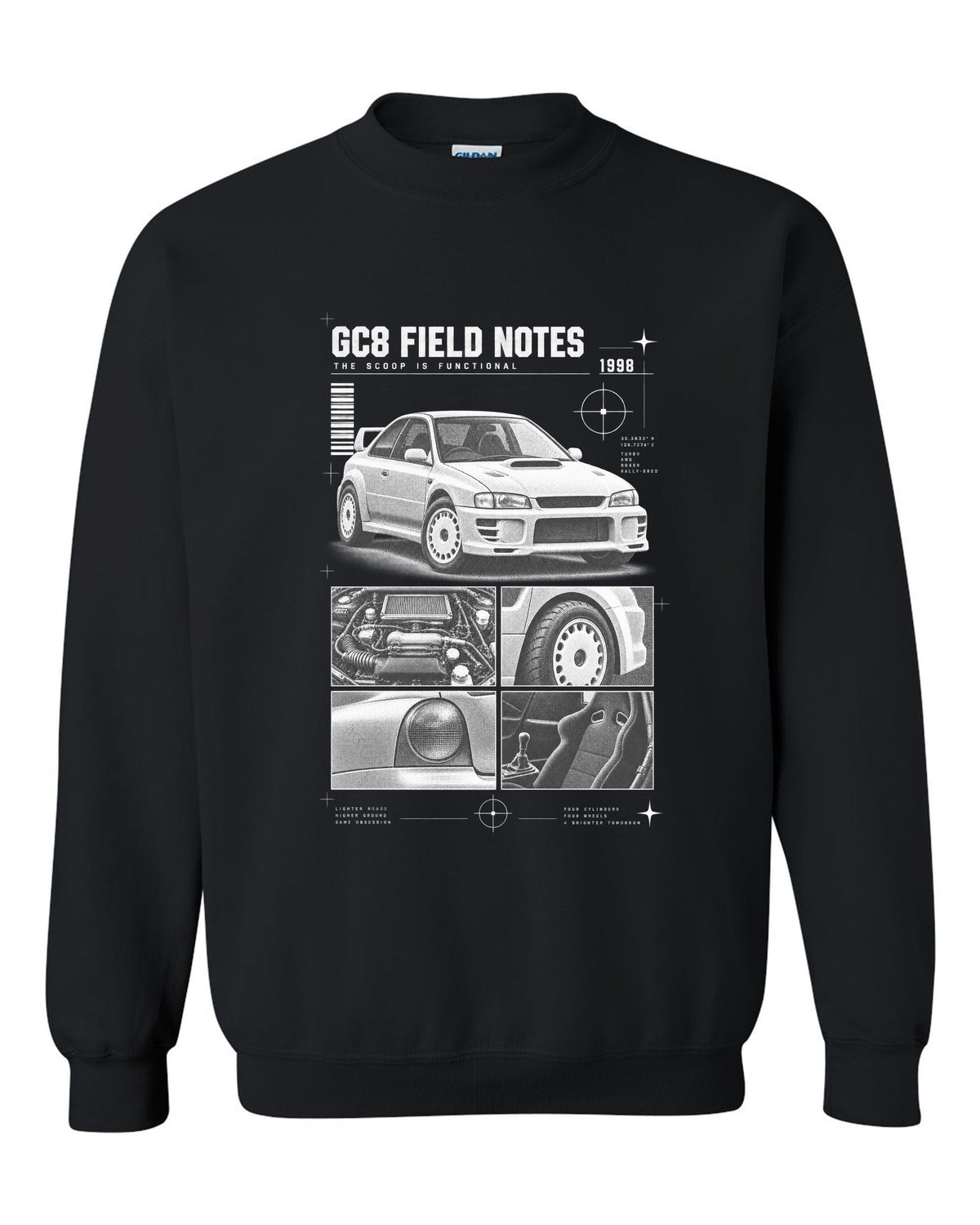 Subaru Impreza WRX GC8 coupe 1998 field notes dossier panels black crewneck front view with the design